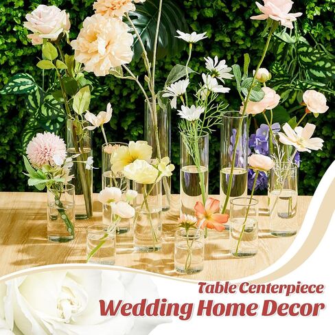 Bud Vases Set of 12 Tall Glass Cylinder Vases Clear Single Flower Glass Vase Bulk for Wildflower Party Centerpieces Wedding Decoration Floating Candle Holder Wedding Decor, 6 Sizes in Saudi Arabia