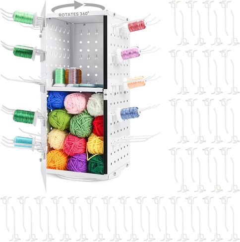 Metal 360° Fully Rotating Thread Rack, Detachable Thread Holder Organizer with Inner Storage Compartments for Sewing, Embroidery, Hair-braiding and Jewelry (White) in Kuwait