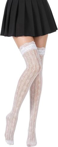 Lace Knee High Sock, White Lace Stockings with Trim, Elegant Mesh Thigh High Socks for Women Girl Boot Socks Cosplay Lolita Accessories(Small size) in Saudi Arabia