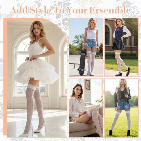 Lace Knee High Sock, White Lace Stockings with Trim, Elegant Mesh Thigh High Socks for Women Girl Boot Socks Cosplay Lolita Accessories(Small size) in Saudi Arabia