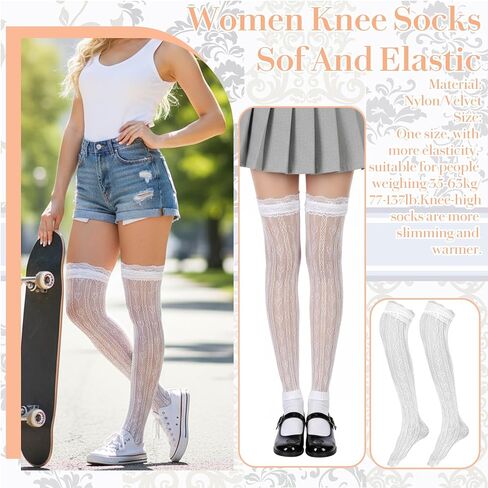 Lace Knee High Sock, White Lace Stockings with Trim, Elegant Mesh Thigh High Socks for Women Girl Boot Socks Cosplay Lolita Accessories(Small size) in Saudi Arabia