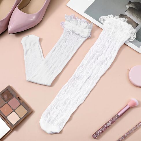 Lace Knee High Sock, White Lace Stockings with Trim, Elegant Mesh Thigh High Socks for Women Girl Boot Socks Cosplay Lolita Accessories(Small size) in Saudi Arabia