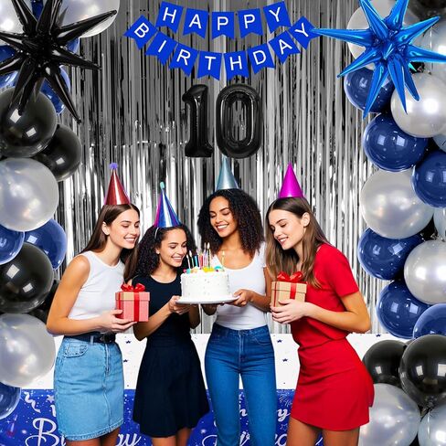 18th Birthday Decorations for Boys and Girls, 18th Birthday Party Decorations Blue and Silver, 18 HAPPY BIRTHDAY Banner Black Number Balloons Garland 18 Years Old Bday Party Supplies with Tablecloth in Kuwait