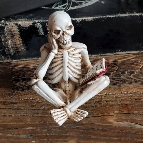 1 Pcs Halloween Statues Skeleton Read Book Small Figurines Gothic Realistic Spooky Skull Figurines Desk Ornament Halloween Table Decorations for Home Decor Table Shelf Bookshelf Office Desk in Saudi Arabia
