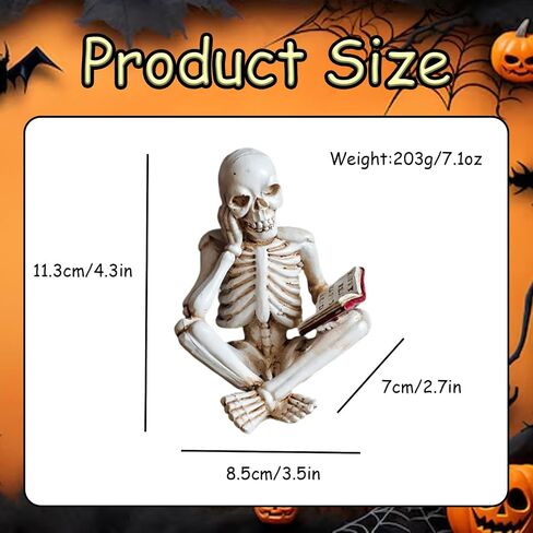 1 Pcs Halloween Statues Skeleton Read Book Small Figurines Gothic Realistic Spooky Skull Figurines Desk Ornament Halloween Table Decorations for Home Decor Table Shelf Bookshelf Office Desk in Saudi Arabia