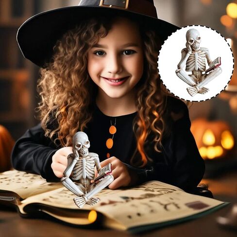 1 Pcs Halloween Statues Skeleton Read Book Small Figurines Gothic Realistic Spooky Skull Figurines Desk Ornament Halloween Table Decorations for Home Decor Table Shelf Bookshelf Office Desk in Saudi Arabia