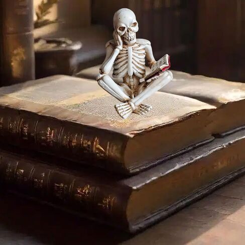 1 Pcs Halloween Statues Skeleton Read Book Small Figurines Gothic Realistic Spooky Skull Figurines Desk Ornament Halloween Table Decorations for Home Decor Table Shelf Bookshelf Office Desk in Saudi Arabia