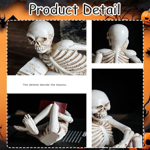 1 Pcs Halloween Statues Skeleton Read Book Small Figurines Gothic Realistic Spooky Skull Figurines Desk Ornament Halloween Table Decorations for Home Decor Table Shelf Bookshelf Office Desk in Saudi Arabia