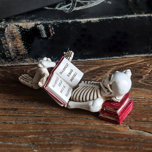 1 Pcs Halloween Statues Skeleton Read Book Small Figurines Gothic Realistic Spooky Skull Figurines Desk Ornament Halloween Table Decorations for Home Decor Table Shelf Bookshelf Office Desk in Saudi Arabia
