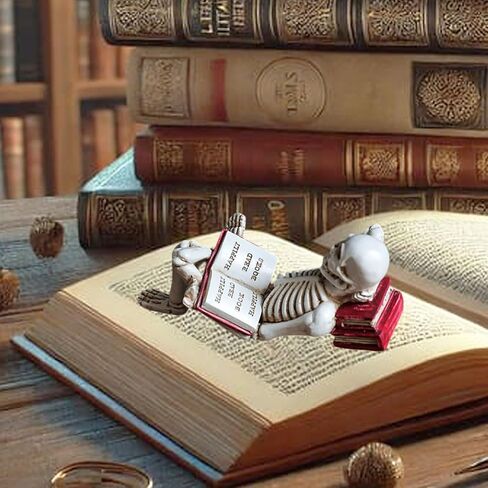 1 Pcs Halloween Statues Skeleton Read Book Small Figurines Gothic Realistic Spooky Skull Figurines Desk Ornament Halloween Table Decorations for Home Decor Table Shelf Bookshelf Office Desk in Saudi Arabia