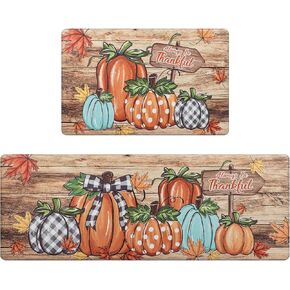 U'Artlines Pumpkin Anti Fatigue Kitchen Rugs Sets 2 Piece Seasonal Fall Holiday Party Vintage Farmhouse Kitchen Rug Runner Set Non Slip Cushioned Comfort Standing Desk Mat for Home Office Orange＆White in Kuwait