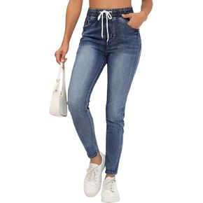 بنطال جينز نسائي ضيق ومتعرج ومرتفع الارتفاع، بنطال جينز كلاسيكي مريح ومطاط in Kuwait