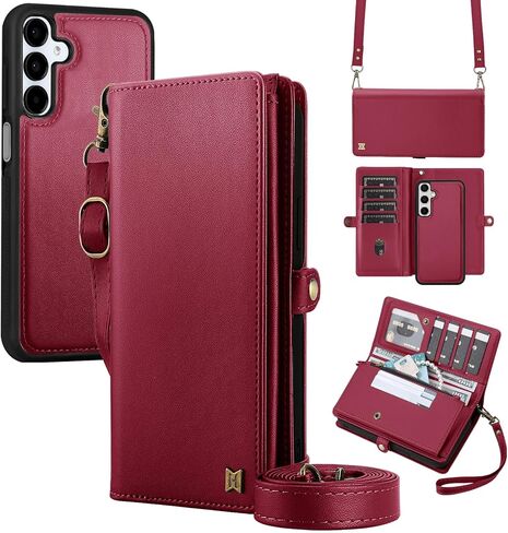 لحافظة المحفظة المتوافقة مع هاتف Samsumg Galaxy S24 Ultra متعددة الوظائف قابلة للفصل 2 في 1 محفظة هاتف مغناطيسية، حافظة هاتف بسحاب وحزام قلاب مع أشرطة كتف (أسود) in Kuwait