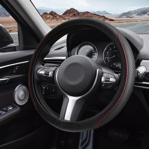 Leather Car Steering Wheel Cover, 15Inch Universal Stretchy Steering Wheel Protector, Anti Slip, Non Slip, Waterproof, Odorless, Easy to Clean, Compatible with SUVs, Trucks, Cars (Black) in Kuwait