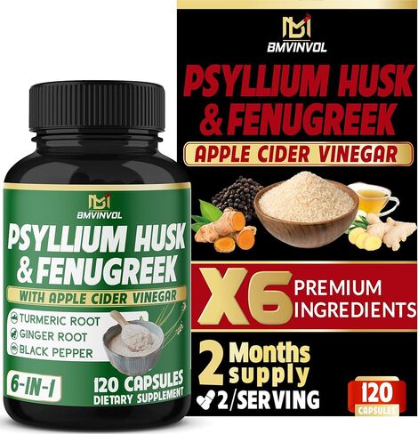 BMVINVOL Psyllium Husk Fiber Supplement t with Fenugreek, Apple Cider Vinegar, Turmeric, Ginger, Black Pepper- Digestion Health Support - 60 Capsules in Kuwait