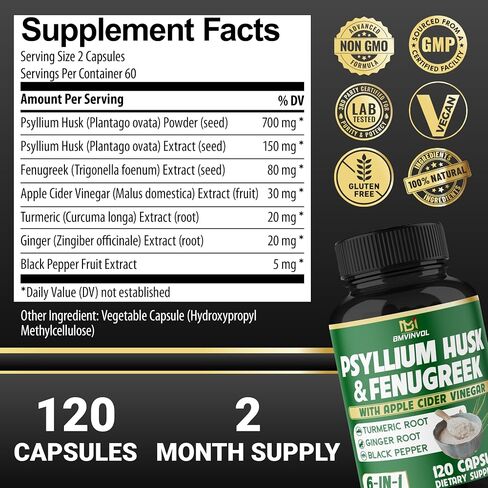 BMVINVOL Psyllium Husk Fiber Supplement t with Fenugreek, Apple Cider Vinegar, Turmeric, Ginger, Black Pepper- Digestion Health Support - 60 Capsules in Kuwait