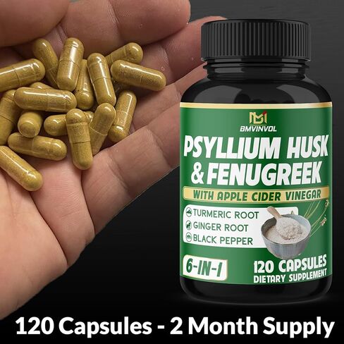 BMVINVOL Psyllium Husk Fiber Supplement t with Fenugreek, Apple Cider Vinegar, Turmeric, Ginger, Black Pepper- Digestion Health Support - 60 Capsules in Kuwait