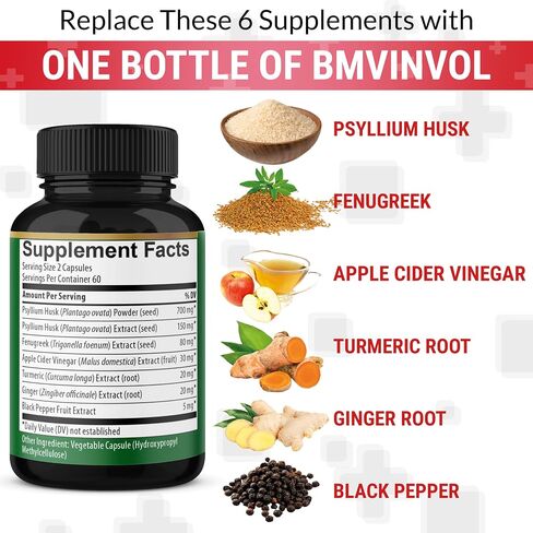 BMVINVOL Psyllium Husk Fiber Supplement t with Fenugreek, Apple Cider Vinegar, Turmeric, Ginger, Black Pepper- Digestion Health Support - 60 Capsules in Kuwait