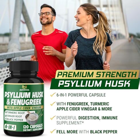 BMVINVOL Psyllium Husk Fiber Supplement t with Fenugreek, Apple Cider Vinegar, Turmeric, Ginger, Black Pepper- Digestion Health Support - 60 Capsules in Kuwait