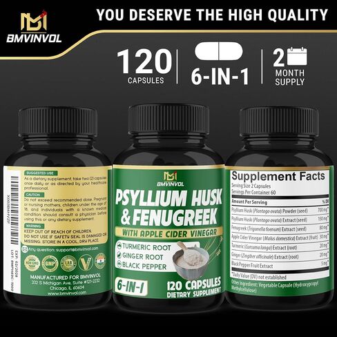 BMVINVOL Psyllium Husk Fiber Supplement t with Fenugreek, Apple Cider Vinegar, Turmeric, Ginger, Black Pepper- Digestion Health Support - 60 Capsules in Kuwait
