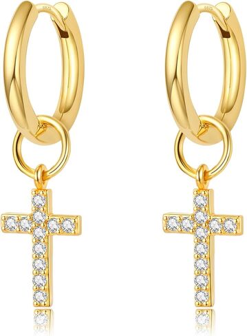 DAILY VIBES Cute Dangle Huggie Earrings for Women 925 Sterling Silver Post Dainty 14K Gold Plated Mini CZ Butterfly Star Cross Heart Charm Drop Cartilage Small Hoop Earrings in Saudi Arabia