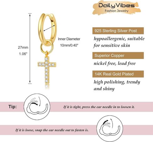DAILY VIBES Cute Dangle Huggie Earrings for Women 925 Sterling Silver Post Dainty 14K Gold Plated Mini CZ Butterfly Star Cross Heart Charm Drop Cartilage Small Hoop Earrings in Saudi Arabia