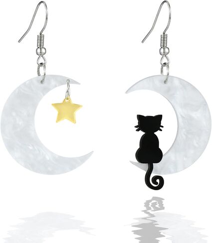 Halloween Cute Acrylic Earrings for Women - Cat Moon & Star Design, Spooky Costume Accessories, Dangle Drop Earrings, Party Favors & Holiday Gifts in Saudi Arabia