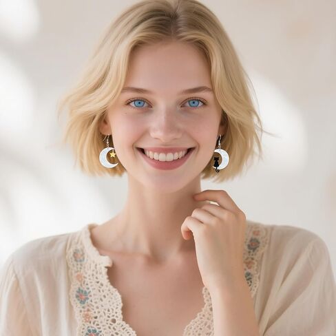 Halloween Cute Acrylic Earrings for Women - Cat Moon & Star Design, Spooky Costume Accessories, Dangle Drop Earrings, Party Favors & Holiday Gifts in Saudi Arabia