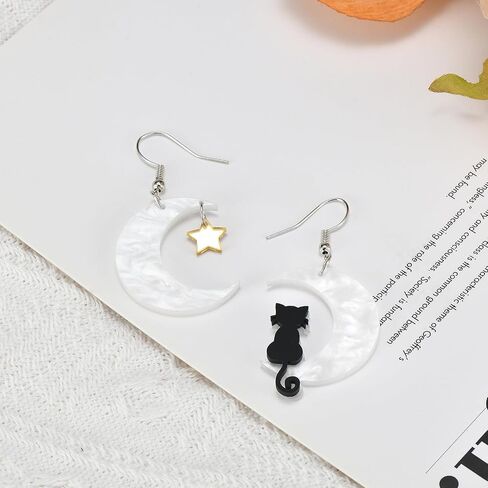 Halloween Cute Acrylic Earrings for Women - Cat Moon & Star Design, Spooky Costume Accessories, Dangle Drop Earrings, Party Favors & Holiday Gifts in Saudi Arabia