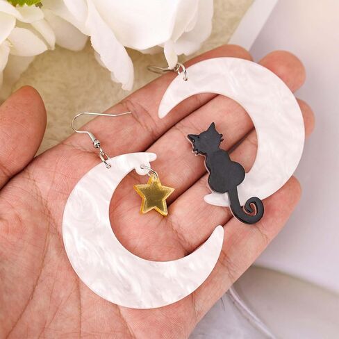 Halloween Cute Acrylic Earrings for Women - Cat Moon & Star Design, Spooky Costume Accessories, Dangle Drop Earrings, Party Favors & Holiday Gifts in Saudi Arabia