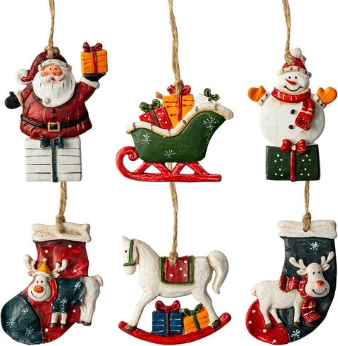Resin Christmas Tree Ornaments 6-Pack Xmas Hanging Ornaments Santa Snowman Christmas Stocking Sleigh Ornaments for Holiday Decorations, Outdoor Holiday Home Decorations in Kuwait