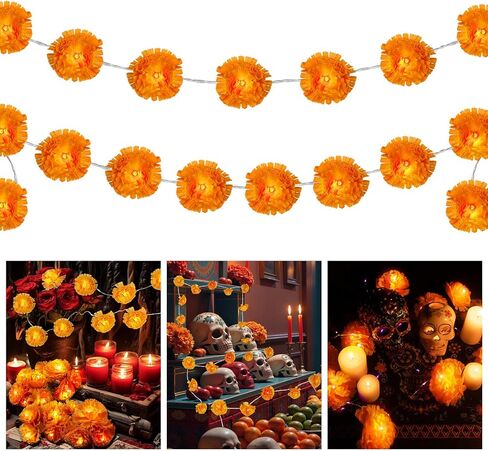 2PCS 5Ft مضاءة القطيفة جارلاند 10 LED زهور القطيفة الاصطناعية سلسلة أضواء بطارية تعمل لعيد الهالوين يوم الموتى ديوالي الهندي بوجا حزب ديكور المنزل in Kuwait