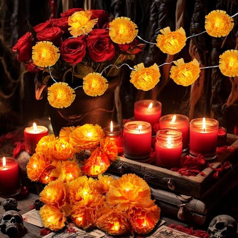 2PCS 5Ft مضاءة القطيفة جارلاند 10 LED زهور القطيفة الاصطناعية سلسلة أضواء بطارية تعمل لعيد الهالوين يوم الموتى ديوالي الهندي بوجا حزب ديكور المنزل in Kuwait