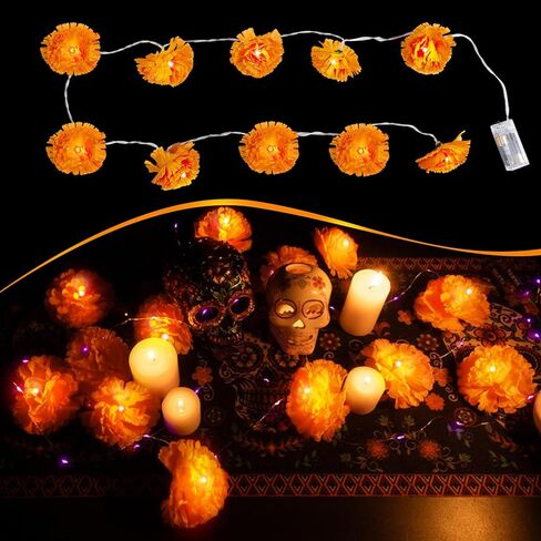 2PCS 5Ft مضاءة القطيفة جارلاند 10 LED زهور القطيفة الاصطناعية سلسلة أضواء بطارية تعمل لعيد الهالوين يوم الموتى ديوالي الهندي بوجا حزب ديكور المنزل in Kuwait