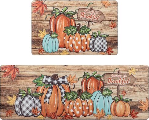 U'Artlines Pumpkin Anti Fatigue Kitchen Rugs Sets 2 Piece Seasonal Fall Holiday Party Vintage Farmhouse Kitchen Rug Runner Set Non Slip Cushioned Comfort Standing Desk Mat for Home Office Orange＆White in Kuwait