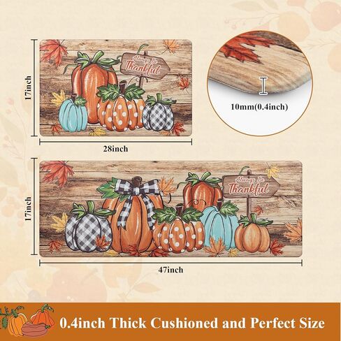 U'Artlines Pumpkin Anti Fatigue Kitchen Rugs Sets 2 Piece Seasonal Fall Holiday Party Vintage Farmhouse Kitchen Rug Runner Set Non Slip Cushioned Comfort Standing Desk Mat for Home Office Orange＆White in Kuwait