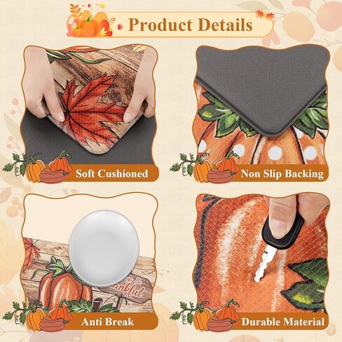 U'Artlines Pumpkin Anti Fatigue Kitchen Rugs Sets 2 Piece Seasonal Fall Holiday Party Vintage Farmhouse Kitchen Rug Runner Set Non Slip Cushioned Comfort Standing Desk Mat for Home Office Orange＆White in Kuwait
