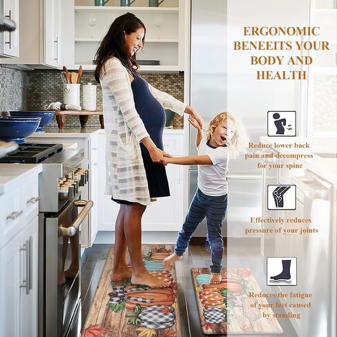 U'Artlines Pumpkin Anti Fatigue Kitchen Rugs Sets 2 Piece Seasonal Fall Holiday Party Vintage Farmhouse Kitchen Rug Runner Set Non Slip Cushioned Comfort Standing Desk Mat for Home Office Orange＆White in Kuwait