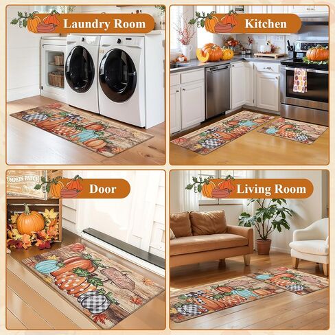 U'Artlines Pumpkin Anti Fatigue Kitchen Rugs Sets 2 Piece Seasonal Fall Holiday Party Vintage Farmhouse Kitchen Rug Runner Set Non Slip Cushioned Comfort Standing Desk Mat for Home Office Orange＆White in Kuwait