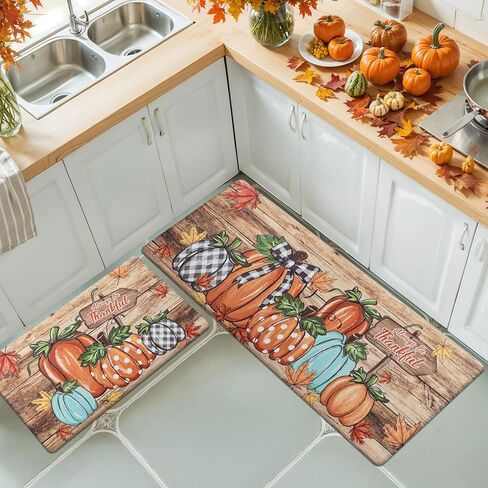 U'Artlines Pumpkin Anti Fatigue Kitchen Rugs Sets 2 Piece Seasonal Fall Holiday Party Vintage Farmhouse Kitchen Rug Runner Set Non Slip Cushioned Comfort Standing Desk Mat for Home Office Orange＆White in Kuwait