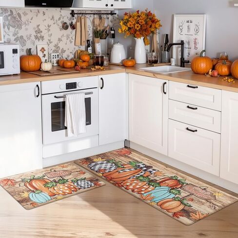 U'Artlines Pumpkin Anti Fatigue Kitchen Rugs Sets 2 Piece Seasonal Fall Holiday Party Vintage Farmhouse Kitchen Rug Runner Set Non Slip Cushioned Comfort Standing Desk Mat for Home Office Orange＆White in Kuwait