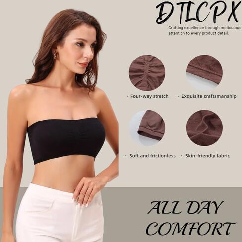 Women's Strapless Bras Seamless Stretchy Bandeau Non-Padded & Comfort Fit,4 Pieces in Multi Color in Saudi Arabia
