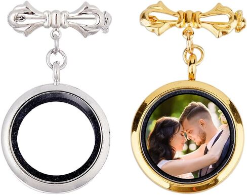 SUPERFINDINGS 2Pcs Wedding Bouquet Photo Charm Bouquet Photo Locket Charms Brass Bridal Brooches Silver Gold Bow Tie Wedding Memorial Brooches Pins Round Glass Photo Frame Pin Brooch for Bridal in Saudi Arabia