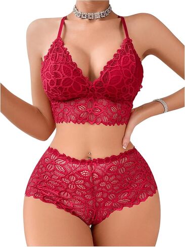MakeMeChic Women's 2 Piece Lingerie Set Floral Lace Sheer Bralette and Panty Matching Sets in Saudi Arabia