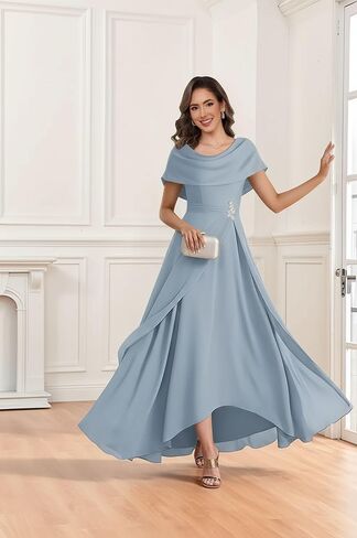 Elegant Women's Chiffon Tea Length Mother of The Bride Dresses for Wedding Ruched Ruffles Scoop Neck Formal Evening Gown in Saudi Arabia