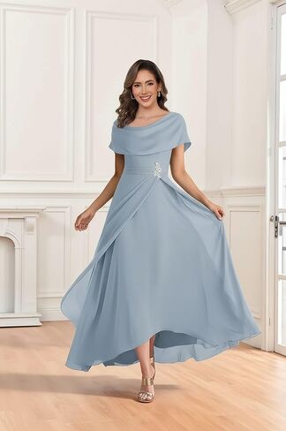 Elegant Women's Chiffon Tea Length Mother of The Bride Dresses for Wedding Ruched Ruffles Scoop Neck Formal Evening Gown in Saudi Arabia