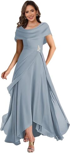 Elegant Women's Chiffon Tea Length Mother of The Bride Dresses for Wedding Ruched Ruffles Scoop Neck Formal Evening Gown in Saudi Arabia