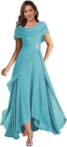 Elegant Women's Chiffon Tea Length Mother of The Bride Dresses for Wedding Ruched Ruffles Scoop Neck Formal Evening Gown in Saudi Arabia