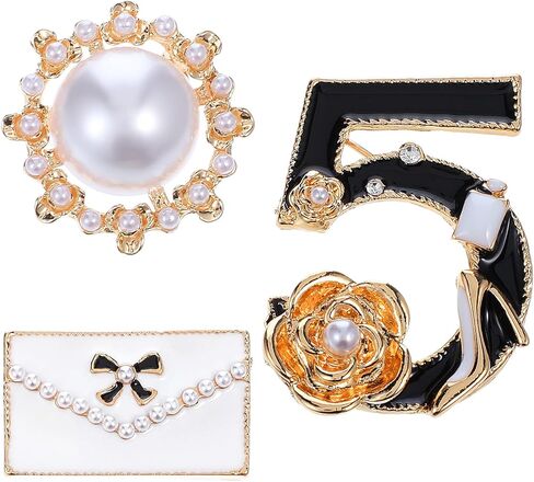 3 قطع عدد خمسة بروش المشاهير مصمم المجوهرات بروش دبابيس فو تقليد اللؤلؤ الأبيض الأسود الزهور محظوظ عدد خمسة دبابيس دبوس هدية خمر حجر الراين كريستال دبابيس دبوس لحفل الزفاف in Kuwait