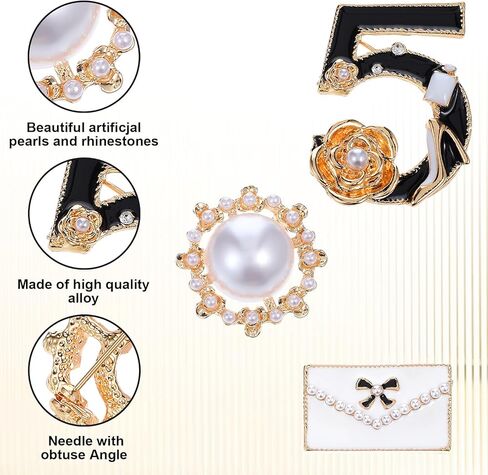 3 قطع عدد خمسة بروش المشاهير مصمم المجوهرات بروش دبابيس فو تقليد اللؤلؤ الأبيض الأسود الزهور محظوظ عدد خمسة دبابيس دبوس هدية خمر حجر الراين كريستال دبابيس دبوس لحفل الزفاف in Kuwait